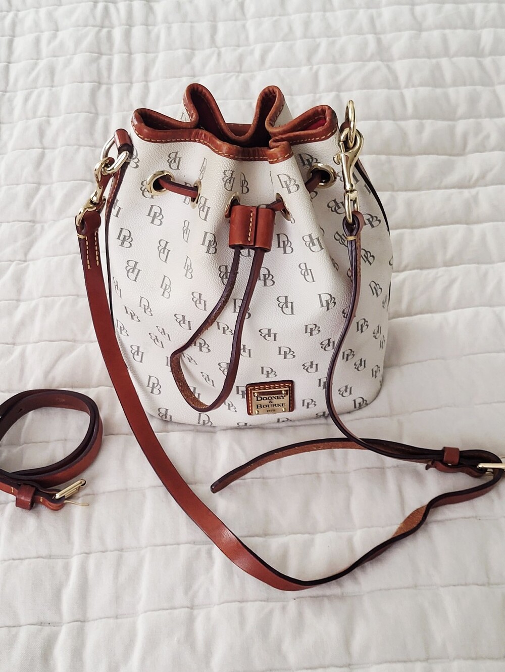 Dooney & Bourke 1975 Bone Gretta Drawstring Bucket Bag With Brown Trim And Strap
